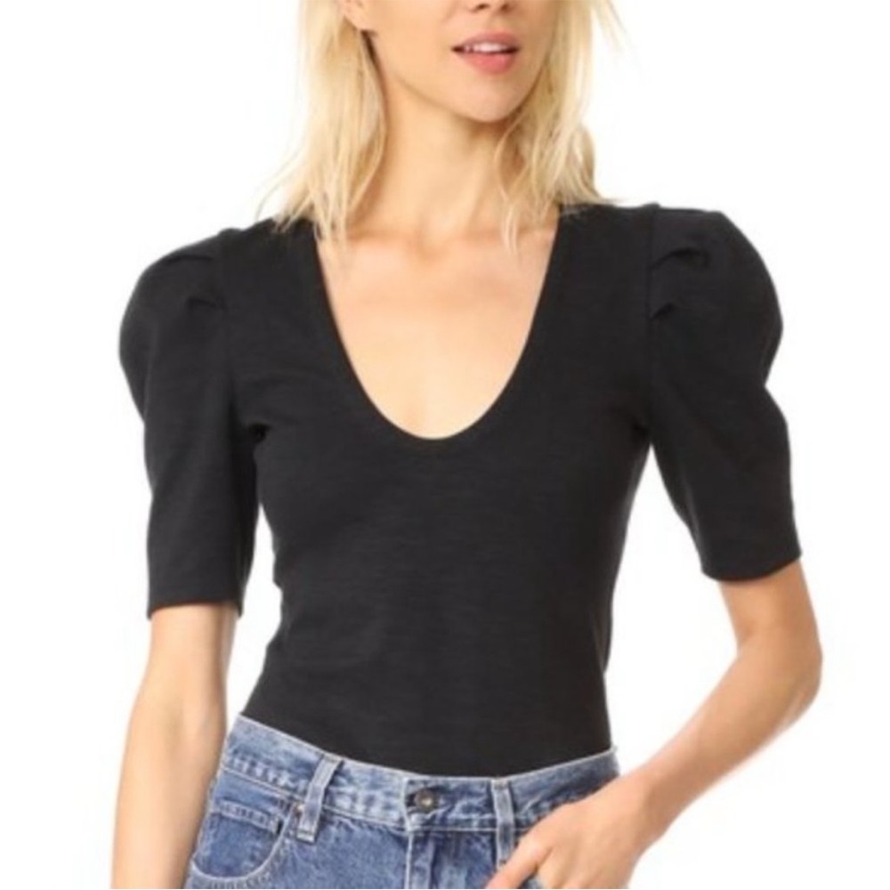 Free People Ellery Size XS Scoop Neck Shirt Pleated Short Puff Sleeve Blouse Top